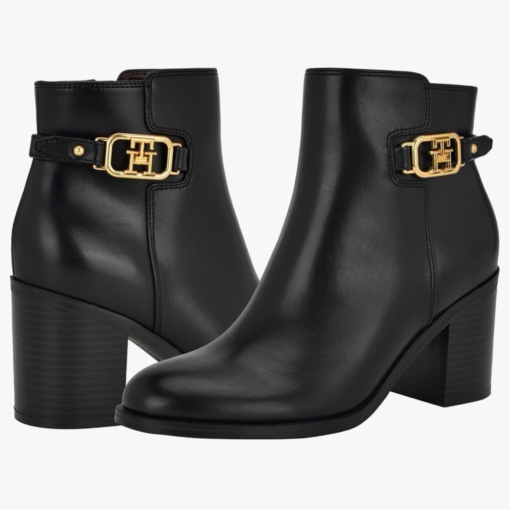 Tommy Hilfiger Black Ankle Boot with Gold Logo Accent - Picture 4 of 7